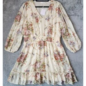 LC Lauren Conrad Dress Womens XL Cream Floral Smocked Waist V-Neck Long Sleeve